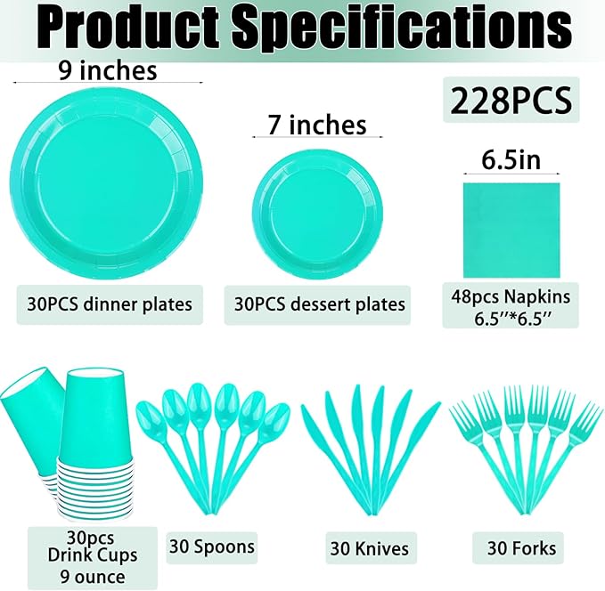 228PCS Teal Blue Party Supplies Set Include Paper Plates Cups Teal Blue Napkins Plastic Spoons Forks Knives for 30 Guests Disposable Party Dinnerware for Birthday Wedding Family Picnic