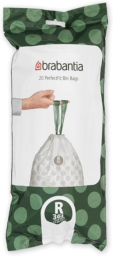 Brabantia PerfectFit Trash Bags (Size R/9.5 Gal) Thick Plastic Trash Can Liners with Drawstring Handles (120 Bags)