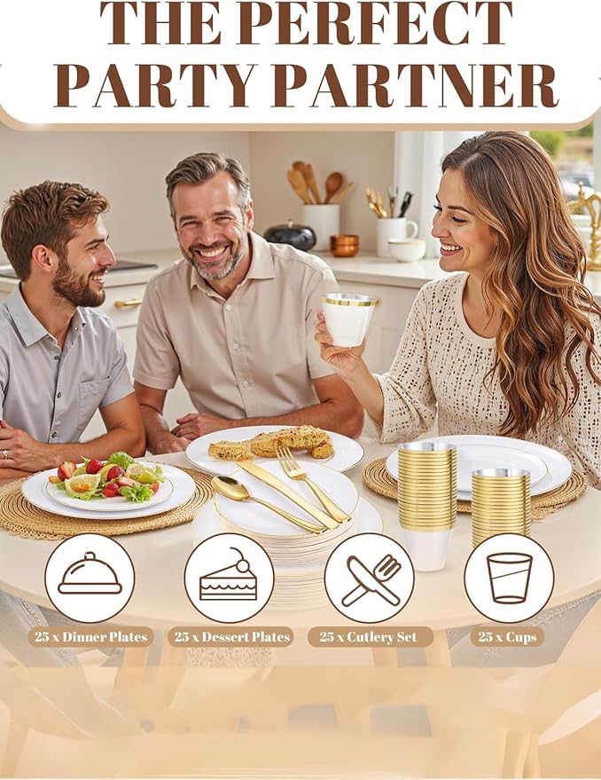 WDF 150Pcs White and Gold Plastic Plates - Gold Plates Disposable - 25 Guest Disposable Dinnerware Include 25 Dinner Plate 25 Dessert Plate 25 Cutlery 25 9oz Cups for Wedding/Birthday/Party