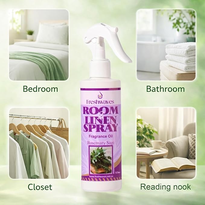 Freshwaves Room & Linen Spray | Rosemary Sage Fragrance Oil | 8.8oz White Trigger Bottle | Air Spray Freshener | Room Spray Odor Eliminator