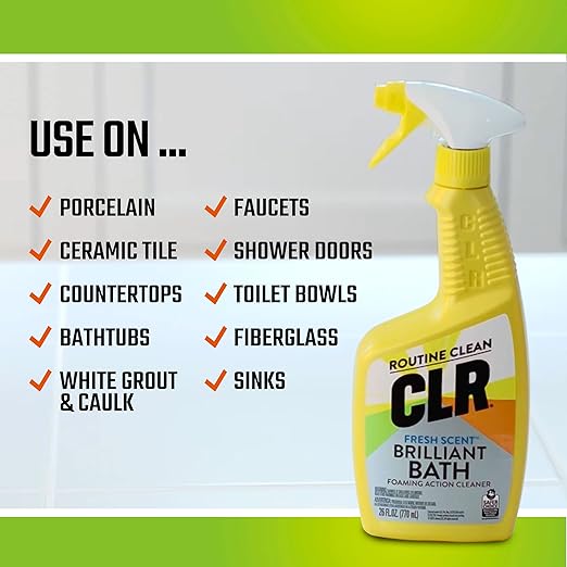 CLR Brilliant Bath Foaming Bathroom Cleaner Spray - For Use On Toilet, Bath, Shower, Sink, Glass, Stainless Steel - Fresh Scent, 26 Ounce Bottle (Pack Of 2) & OXO Good Grips Deep Clean Brush Set