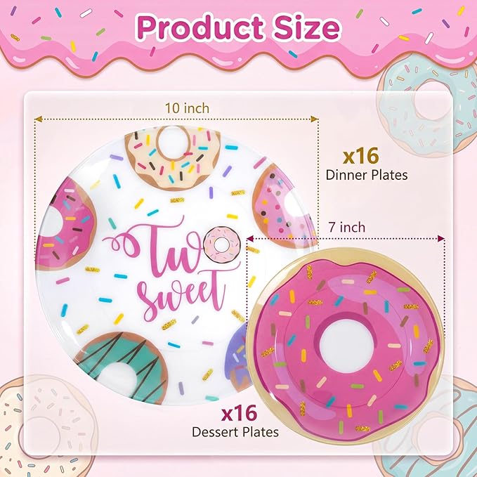 Liacere 32Pcs Donut Party Plastic Plates - Donut Birthday Party 7/10-Inch Dessert Plates Disposable Tableware Dinnerware for Two Sweet Girls' Birthday