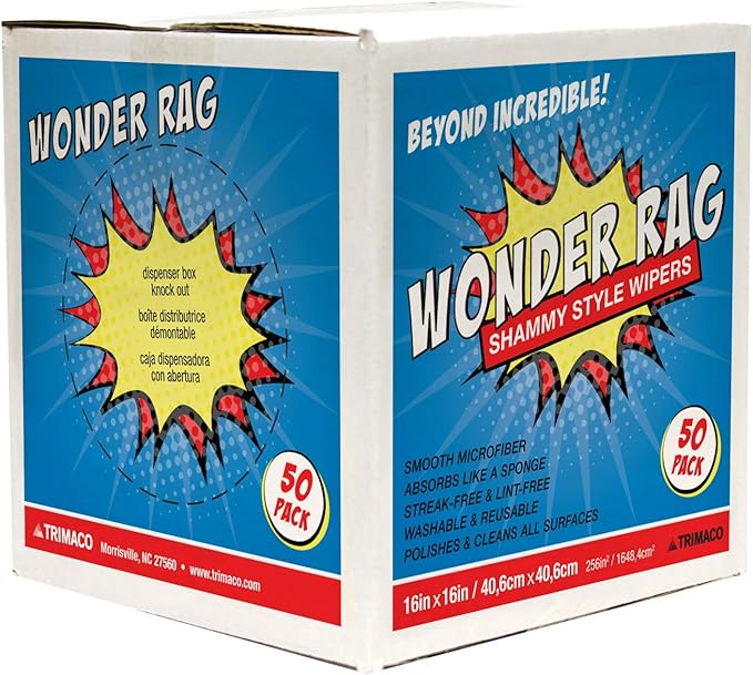 Trimaco Wonder Rag, 14" x 17" Microfiber Wiper Rags - 50 per Box, White