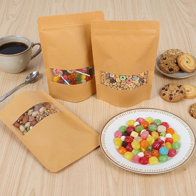 Moretoes 120pcs 5.9x8.6 Inches Kraft Paper Resealable Bags for Small Business, Kraft Bags with Window, Brown Ziplock Coffee Pouches for Home or Business