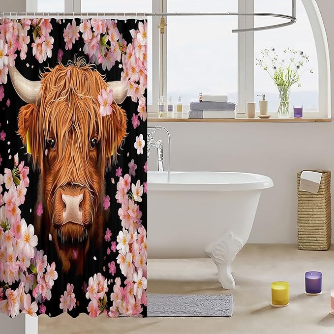 Cherry Blossom Shower Curtain Highland Cow Bathtubs Shower Curtain Set 72"Wx72"L,Ethnic Kawaii Pink Flower Bath Curtain Brown Longhorn Bull Cattle Hanging Curtain Farmhouse Western Animals Decor