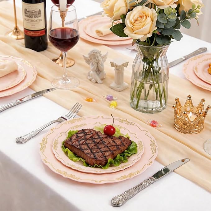 DaYammi 60 PCS Pink Gold Plastic Plates, Pink Disposable Plates with Gold Rim Include: 30 Dinner Plate, 30 Dessert Plate for Party, pink plastic plates with Vintage lace for Wedding