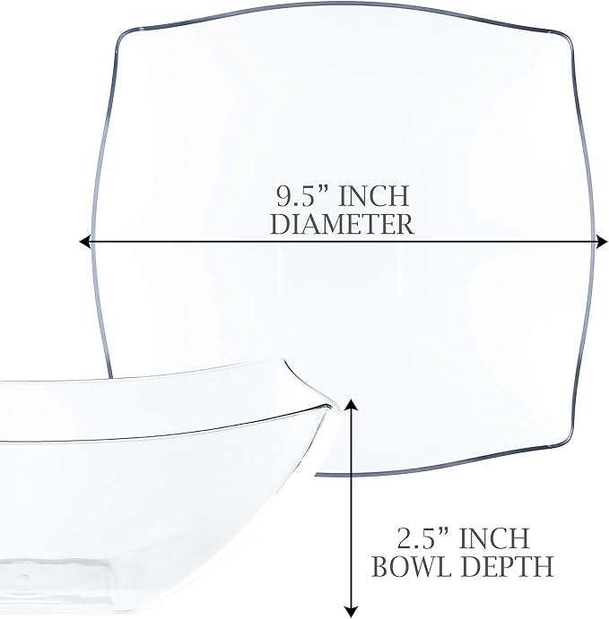 PLASTICPRO Disposable 64 ounce Square Serving Bowls, Party Snack or Salad Bowl, Large Plastic Crystal Clear Pack of 4