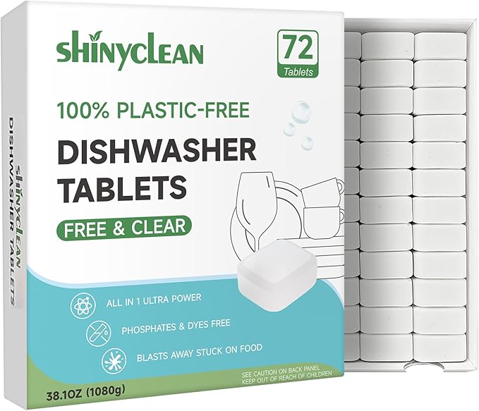 100% Plastic-Free Dishwasher Detergent Tablets, 72 Count, Free & Clear, All-in-One Dishwashing Pods, Enzyme-Powered for Stuck-On Food, Phosphate & Dye Free, Residue-Free Sparkling Shine