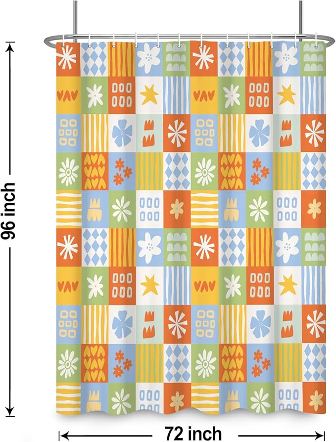 Boho Checkered Floral Shower Curtain Set Multicolored Geometric Flower Print Shower Curtains for Bathroom Waterproof Fabric Bathtub Decorations with Hooks 72x96 Inches
