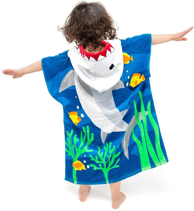 Florica Toddler Hooded Beach Towel Coverup Cape Kids 100% Cotton Soft Quick Dry Absorbent Use for Swim Pool Bath Poncho Towels for 3 to 8 Years Old Children Size 24"x 55" in Full-Length (Brave Shark)