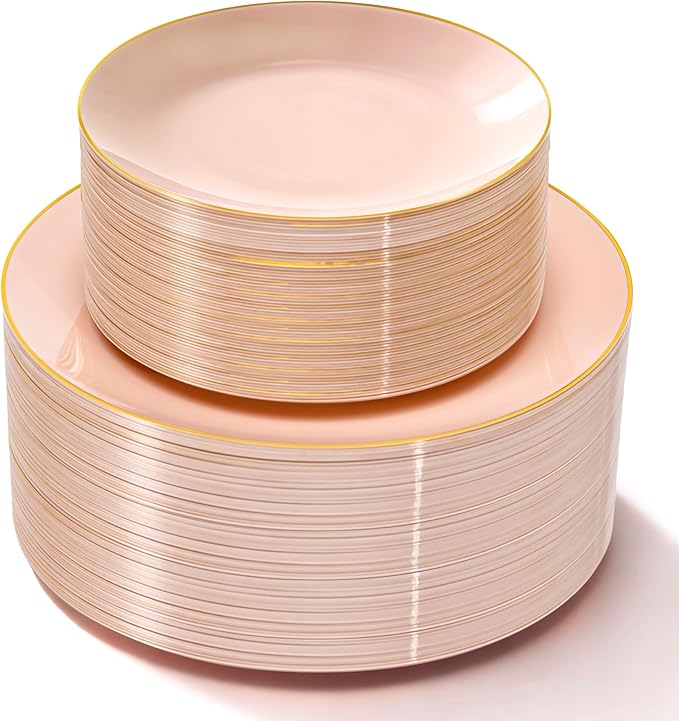 Lullaby 100PCS Pink and Gold Plastic Plates, Disposable Pink Plastic Plate with Gold Rim, 50PCS Dessert Plates 7" and 50PCS Dinner Plates 10", Perfect for Party Wedding and Daily Use