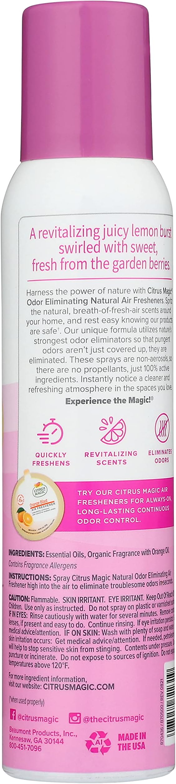 Citrus Magic Natural Odor Eliminating Air Freshener Spray, Lemonberry, 3-Ounce