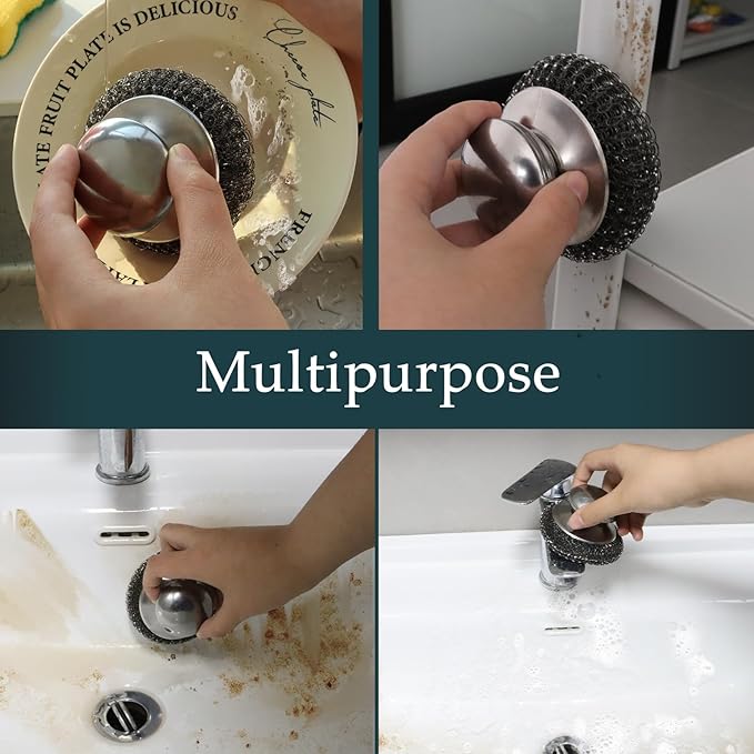 KTOJOY Stainless Steel Wool Scrubber Set, 6 Pieces with Handle, for Cleaning Dishes, Pots, Pans, Cast Iron