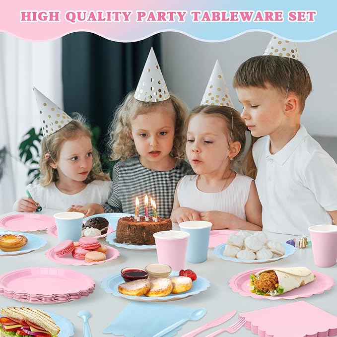Vyntra 350 Pcs Pink and Blue for Gender Reveal Disposable Party Paper Plates and Napkins Set for 50, 9" Dinner Plates & 7" Dessert Plates, Tableware for Baby Shower, Birthday