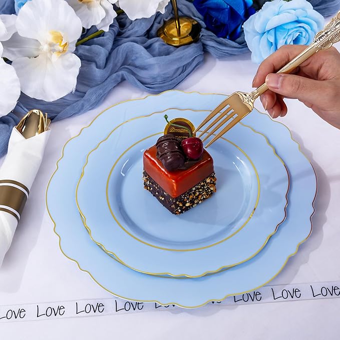Liacere 350PCS Bule Plastic Plates - Disposable Bule and Gold Plates 50guest Baroque Plastic Dinnerware include 100Plates, 50Pack Pre Rolled Napkins with Silverware 50Cups for Wedding&Mother's Day