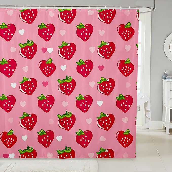 Red Strawberry Bath Curtain 72"Wx84"L,Kawaii Fruit Shower Curtain Cartoon Food Bathtubs Shower Curtain Set for Girls Women,Tropical Fruit Novelty Funny Fruit Cute Lovely Bathroom Decor Pink