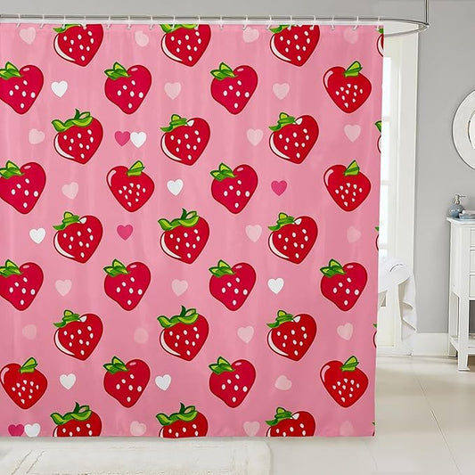Red Strawberry Bath Curtain 72"Wx72"L,Kawaii Fruit Shower Curtain Cartoon Food Bathtubs Shower Curtain Set for Girls Women,Tropical Fruit Novelty Funny Fruit Cute Lovely Bathroom Decor Pink