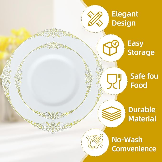 Gold Plastic Dinnerware Sets for 25 Guests - Gold Plastic Plates - 50 Disposable Plates, 75 Silverware, 25 Cups, 25 Napkins for Wedding & Party