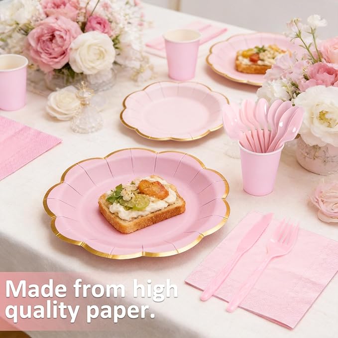 Pink Paper Plates and Napkins Party Supplies for 24 Guest, 168Pcs Pink Scalloped Mother's Day Party Plate with Gold Rim, Pink Disposable Plates Set for Girls Birthday Party Baby Shower Gender Reveal