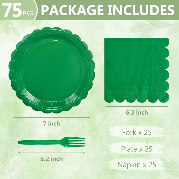 Mulbozy 75 Green Plates and Napkins Disposable Set Includes 25 Dessert Cake Scalloped Plates, Cocktail Napkins & Forks, for Fork 25 Guests Holiday Party Supplies.