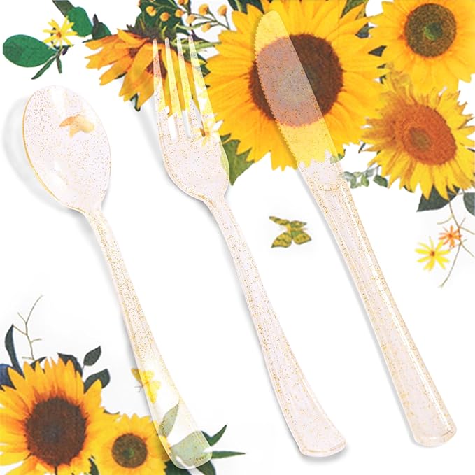 Sunflower Party Decorations-168PCS Sunflower Plates and Napkins Party Supplies,Yellow Paper Plates with Gold Glitter Cultery for Birthday Baby Shower Decorations Serve 24 Guests