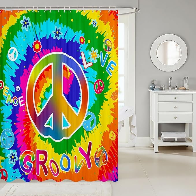Feelyou Hippie Peace Art Bathroom Shower Curtain Set Peace Sign Artwork Shower Curtain for Girls Children Tie Dye Boho Hippie Colorful Floral Flowers Bath Curtain 72"x72" Kids Bathroom Accessories
