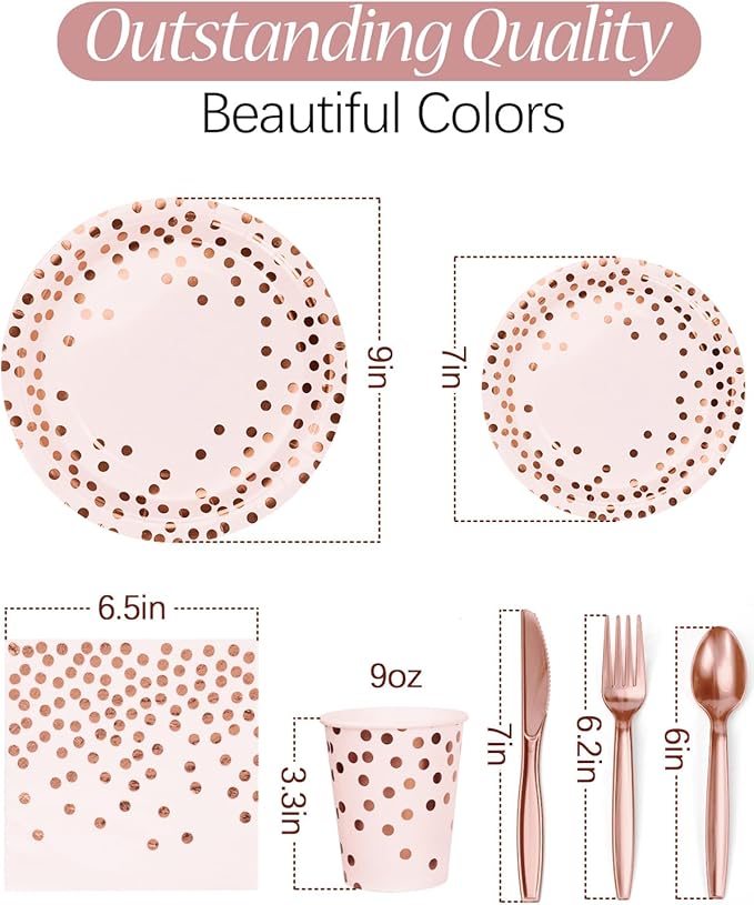 350 Pieces Party Supplies, Pink and Rose Gold Dots Party Plates Cups and Napkins Sets with Plastic Knives forks spoons, Disposable Tableware Serves 50 Sets for Wedding, Birthday, Graduation, Festivals