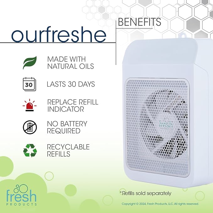 Fresh Products ourfreshe Plug In Air Freshener 30 Day Replace Messy Aerosols with Dry Fragrance For Use in Medium Sized Spaces White Dispenser 1 Pack