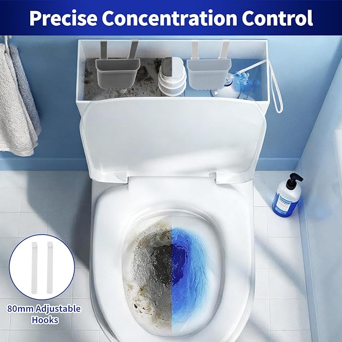 Controlled Release Toilet Bowl Cleaner Tablets Holder, 2-Pack Universal Toilet Tank Cleaner Dispenser, Adjustable Hanging Bleach Tablets Bracket for Long-Lasting Cleaning, Prevents Tank Buildup