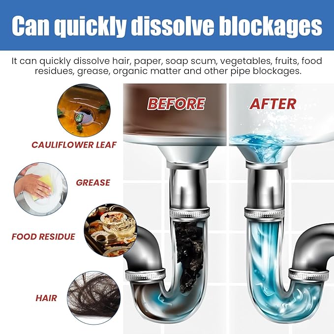 Drain Cleaner - Unclog Kitchen Sink, Bathroom Drain, Toilet, Hair & Grease Remover, Deodorizer, Safe for All Pipes(2PCS)