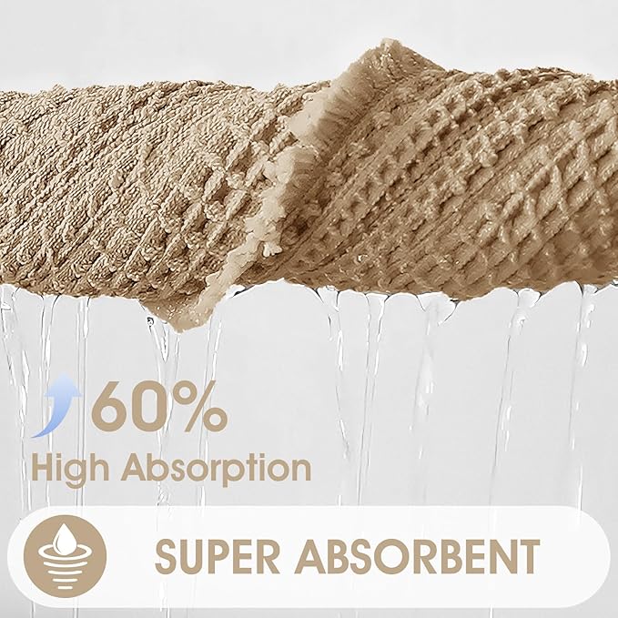 Upgraded Waffle Bath Mat Set 2 Piece Beige-Bordered, Super Absorbent Non-Slip Quick Dry Bathroom Rugs with Tassels, Machine Washable Ultra Soft Boho Bath Rugs for Floor, Bath Mats Boho Farmhouse Decor