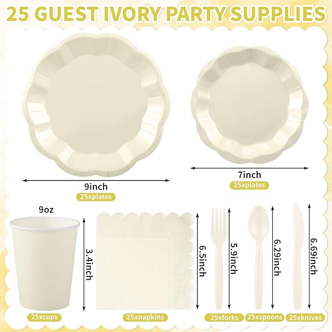 NatNarr 175 Pcs Ivory Plates and Napkins Set, 25 Guest Ivory Party Supplies Include Scalloped Plate Paper Napkin Cup Fork Knives Disposable Plastic Cutlery for Birthday Wedding Baby Shower Party