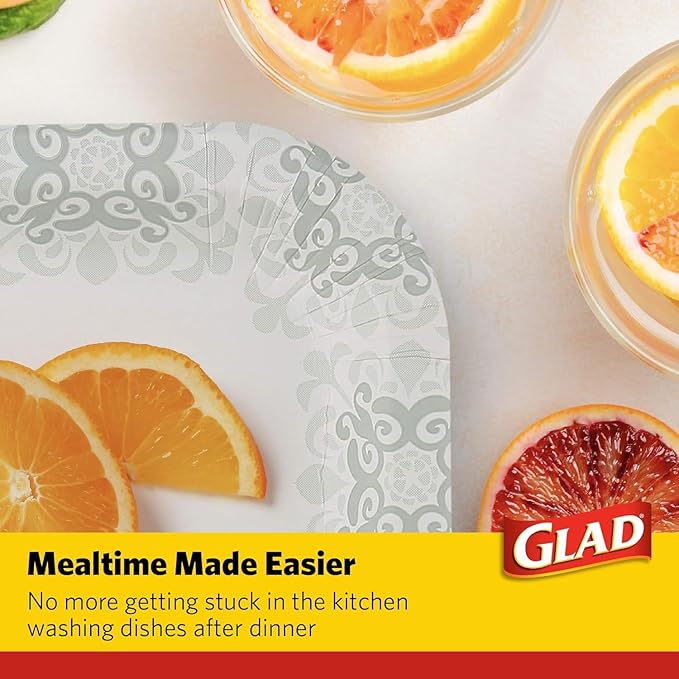 Glad Square Heavy Duty Paper Plates, Soak Proof and Cut Proof Disposable Plates for Parties and Everyday Meals, Microwaveable for Easy Serving, Grey Victorian Pattern, 7 Inch, 50 Count - 12 Pack