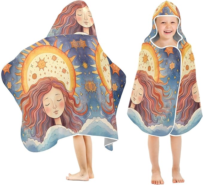 Hooded Towel for Kids Beautiful Girl Meditating Under The Sun Pattern Beach Wrap Bath Towels 50x23.5in
