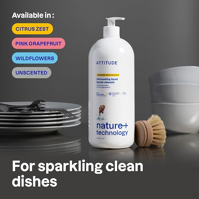 ATTITUDE Dish Soap, EWG Verified, Plant-Based & Vegan Dishwashing Liquid, Naturally Derived, Pink Grapefruit Scent, 33.8 Fl Oz