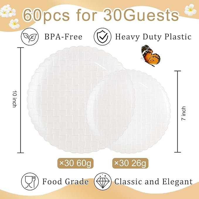 Festiva 60PCS Clear Ivory Plastic Plates - Heavy Duty Weave Pattern Fancy Disposable Plates -serve for 30 guests Include 30PCS 10" & 30PCS 7" Plates for Bithday &Easter Party(Ivory)