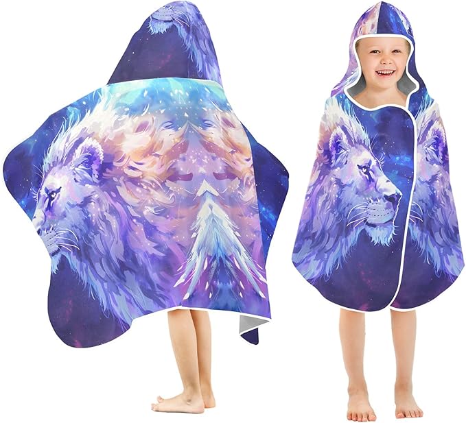 Hooded Towel for Kids Comic Style Purple Lion Beach Wrap Bath Towels 50x23.5in