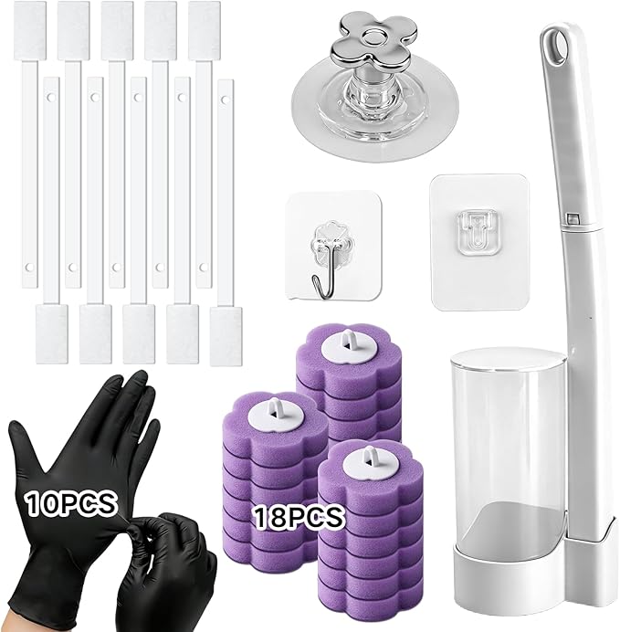 39 Pcs Toilet Deep Cleaning Set - Wall-Mounted Disposable Toilet Bowl Cleaner Wand with 18 Toilet Brush Refill Heads, 10 Pcs Crevice Cleaning Brushes, 10 Pcs Nitrile Gloves & 1 Pc Toilet Seat Lifter
