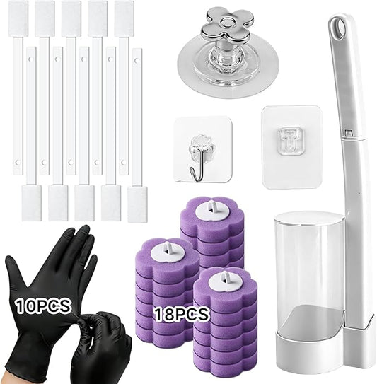 39 Pcs Toilet Deep Cleaning Set - Wall-Mounted Disposable Toilet Bowl Cleaner Wand with 18 Toilet Brush Refill Heads, 10 Pcs Crevice Cleaning Brushes, 10 Pcs Nitrile Gloves & 1 Pc Toilet Seat Lifter