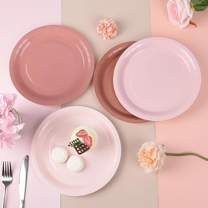 AimFun 24Pcs Dusty Pink Paper Plates Gradient Pink Party Plate 9 Inch Disposable Round Dinner Plates for Birthday Wedding Baby Bridal Shower Party Supplies Tableware Decor