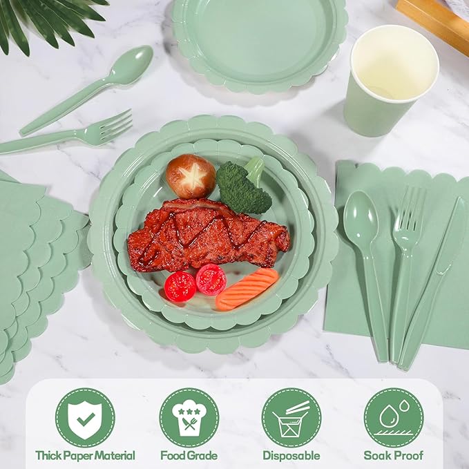 175 Pcs Party Plates and Cups and Napkins Sets, 9" Paper Plates, 7" Dessert Plate, 9oz Cups & Cutlery, 25 Guest Scalloped Sage Green Party Supplies for Wedding, Bridal Baby Shower, Birthday