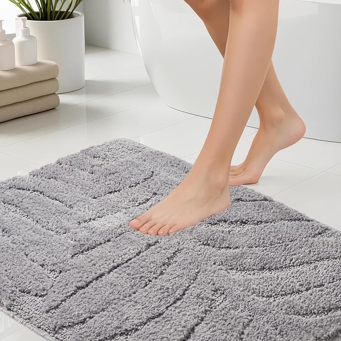 Bath Rugs Set 3 Pieces Bathroom Mat Soft Absorbent Plush Shaggy Soft Floor Non Slip Shower Bath Tub Machine Washable (Charcoal-Leaf, 20"x32"/20"x20"/17"x24")