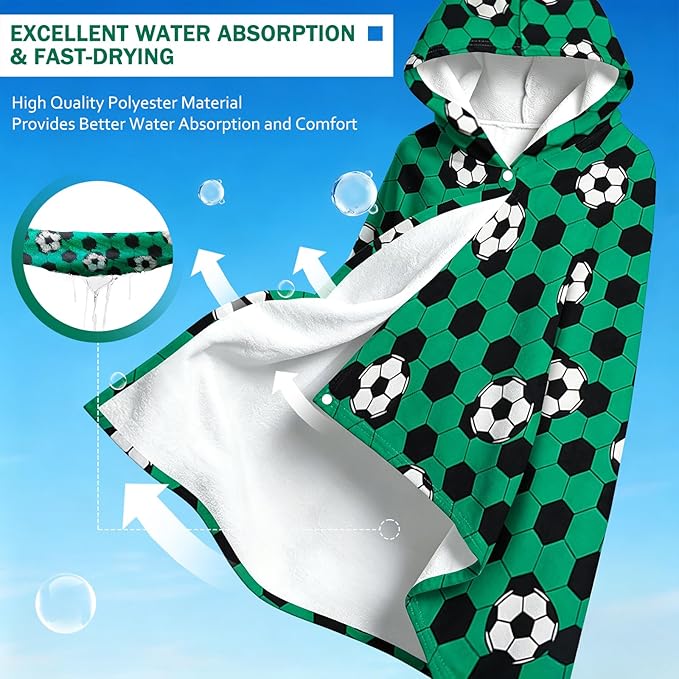 Hooded Towels for Kids - Superfine Fiber Soccer Toddler Hood Bath Towels Beach Hooded Poncho Absorbent Pool Toddler Swim Bath Wrap for Boys & Girls 3-10 Years Beach Essentials, 60 * 35 inches