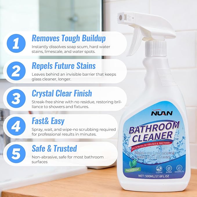 NUAN Bathroom Descaler Foam Cleaner for Hard Water Stains - Powerful Foaming Spray for Shower Toilet Sink Tile Cleaning, Limescale Buildup Remover All-Purpose Bathroom Cleaner (33.8 Fl Oz)