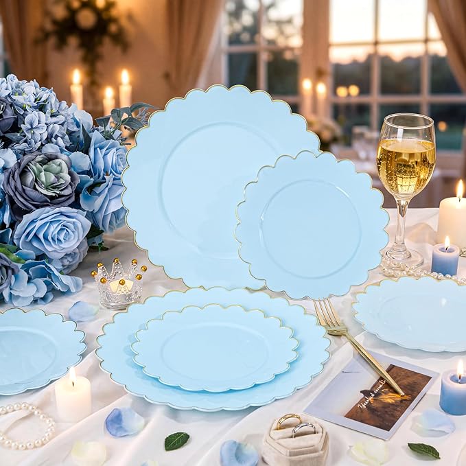 LIYH 120 Pcs Baby Blue Plastic Plates with Gold Edge - Disposable Light Blue Scalloped Baby Shower Plastic Plates Includes 60 Dinner Plate 10.25" & 60 Dessert Plate 7.5" for Party Birthday