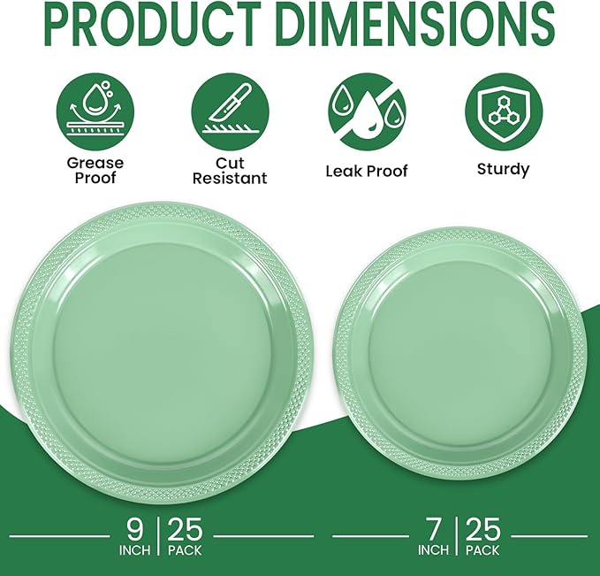 LANLISA 50 Pcs Sage Green Plastic Plates For Party, 25-9" & 25-7" Disposable Cake Dessert Plates For Birthday, Baby Shower Decorations, Easter Dinner