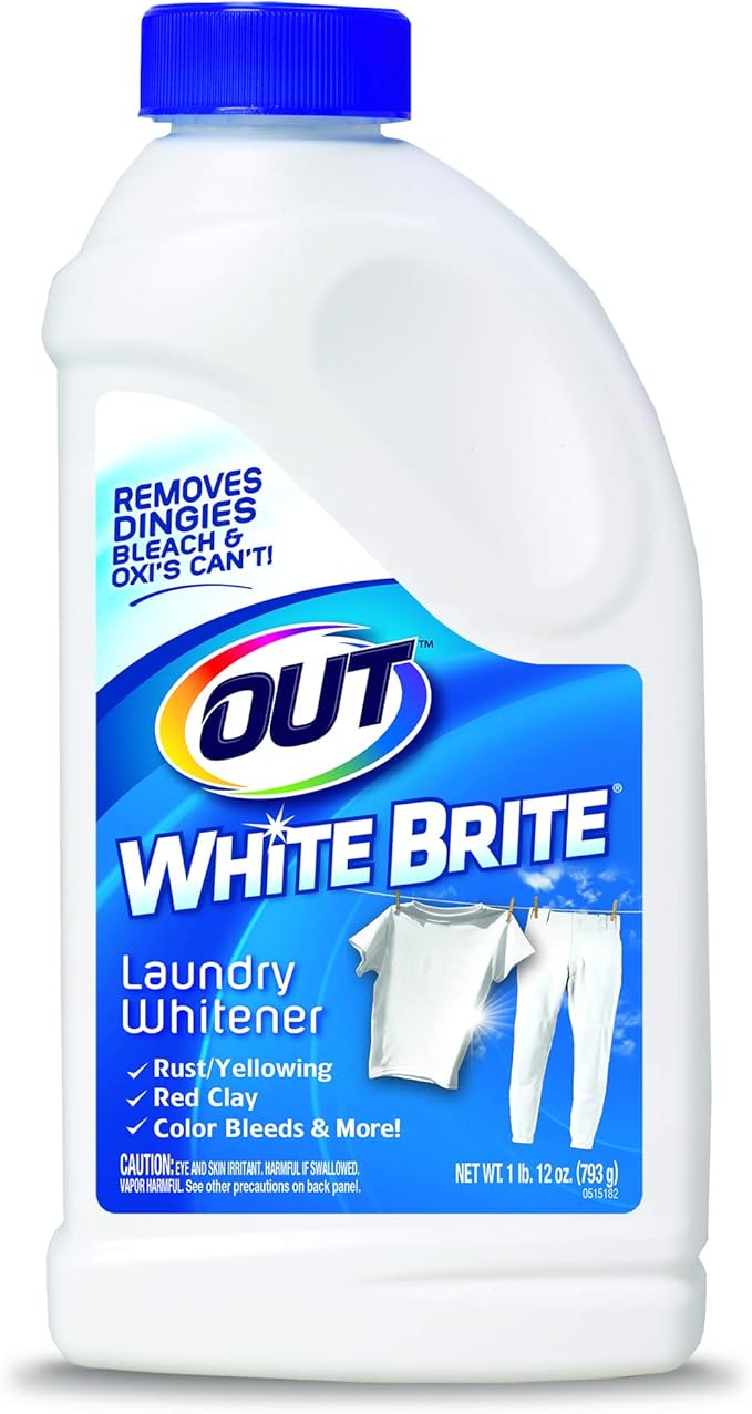 OUT White Brite Laundry Whitener Powder, Stain Remover Detergent Booster for Clothes, Removes Red Clay and Rust Stains on White Clothing and Uniforms