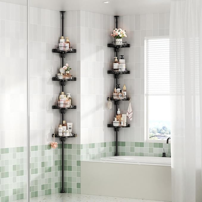 360° Rotating Shower Caddy Tension Pole, 4 Tiers Corner Shower Organizer for Bathroom Shelf Bathtub, Adjustable Standing Shower Rack Bathroom Accessories, Easily Assemble, 34-124 Inch Height, Black