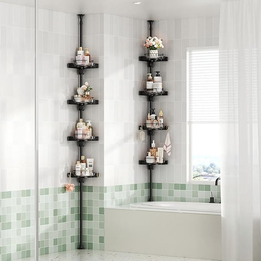 360° Rotating Shower Caddy Tension Pole, 4 Tiers Corner Shower Organizer for Bathroom Shelf Bathtub, Adjustable Standing Shower Rack Bathroom Accessories, Easily Assemble, 34-124 Inch Height, Black