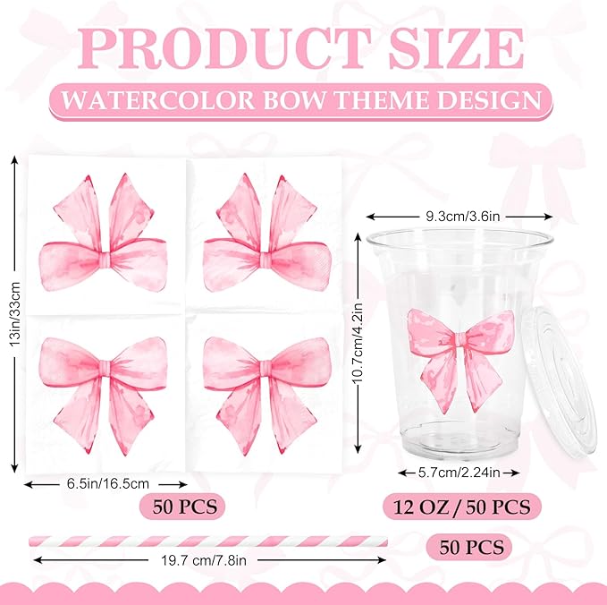 FYSUIMU 50 Set Pink Bow Tableware Set Watercolor Coquette Bowknot Paper Napkins Disposable Plastic Cups with Lids Straws for 50 Guests Valentines Wedding Bachelorette Birthday Baby Shower Party Decor